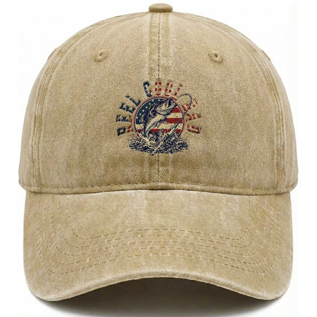 Reel Cool Dad Graphic Washed Cotton Baseball Cap 4th Of July Fishing Patriotic Dad TS12 Print Your Wear