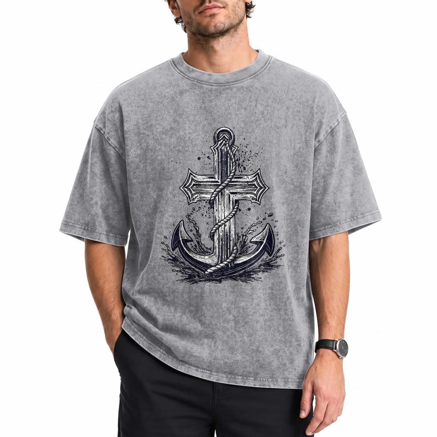 Faith Family Fishing Jesus Cross Anchor Washed Cotton T-Shirt Funny Christian Fisherman