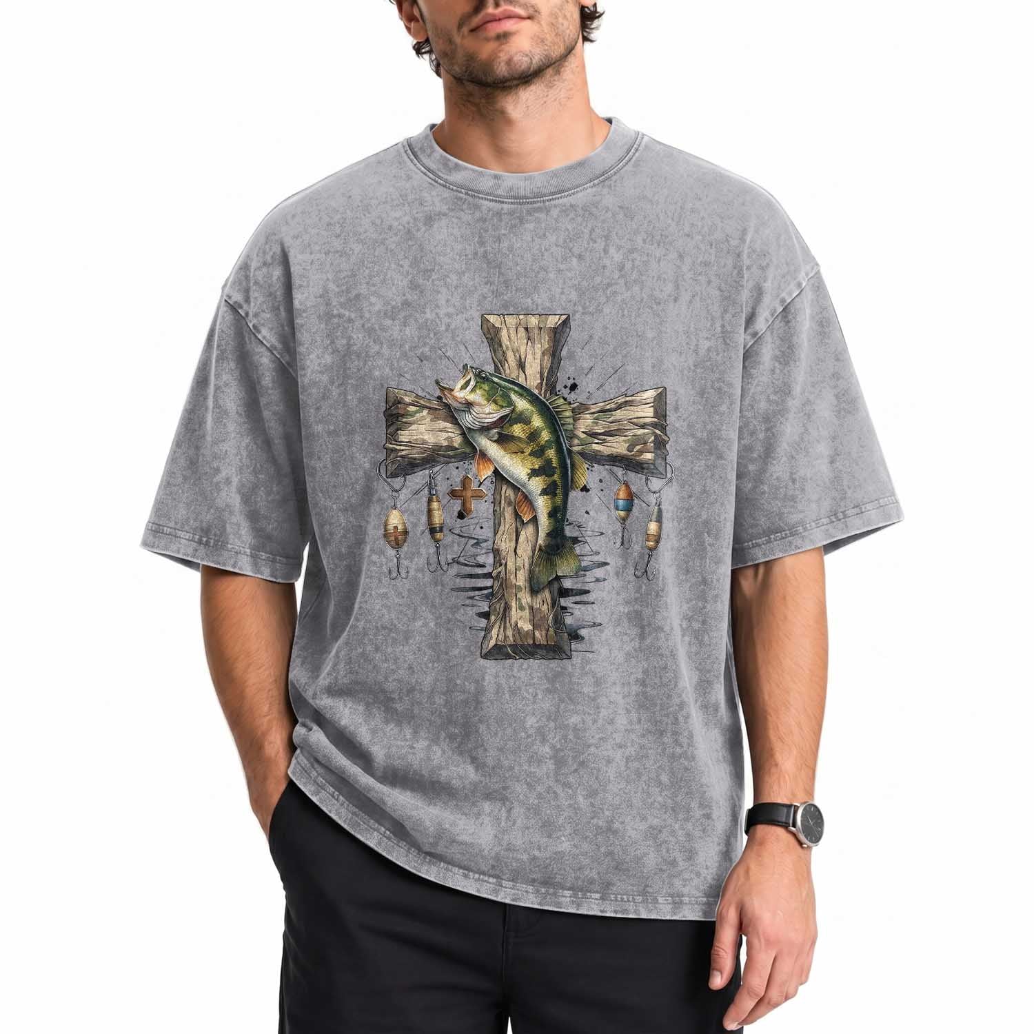 Camo Jesus Cross Fishing Washed Cotton T-Shirt Faith Family Fishing Fathers Day