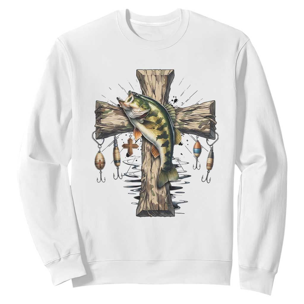 Camo Jesus Cross Fishing Sweatshirt Faith Family Fishing Fathers Day TS12 White Print Your Wear