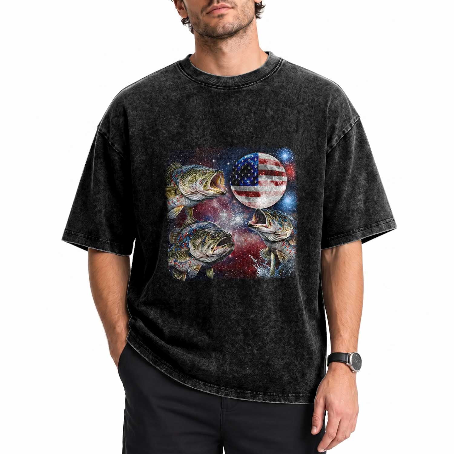 Patriotic Bass Fishing Moon Washed Cotton T-Shirt 4th Of July Fisherman Gift