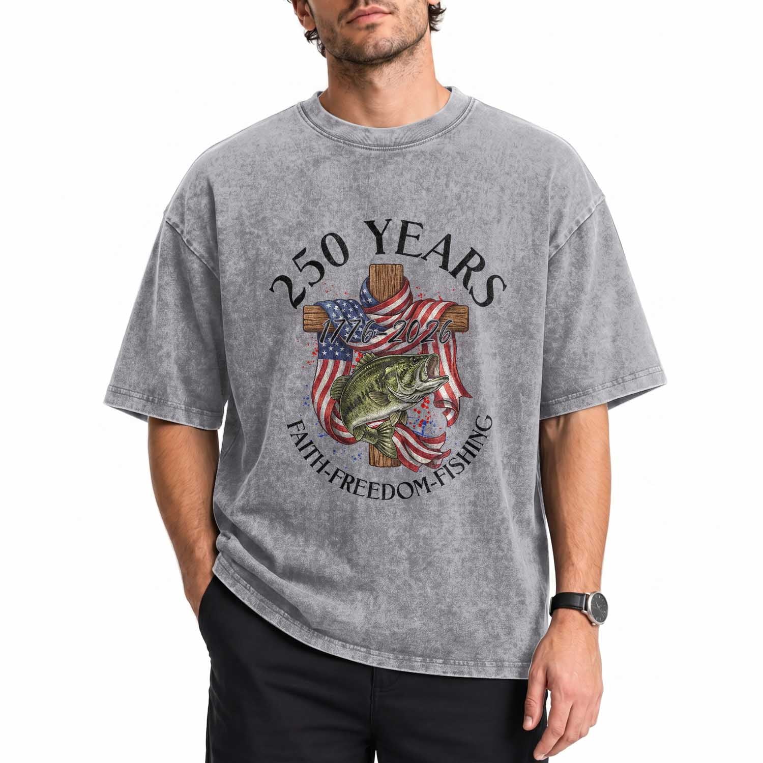 Faith Freedom Fishing Washed Cotton T-Shirt 250 Years Of Christian Fish Hunting
