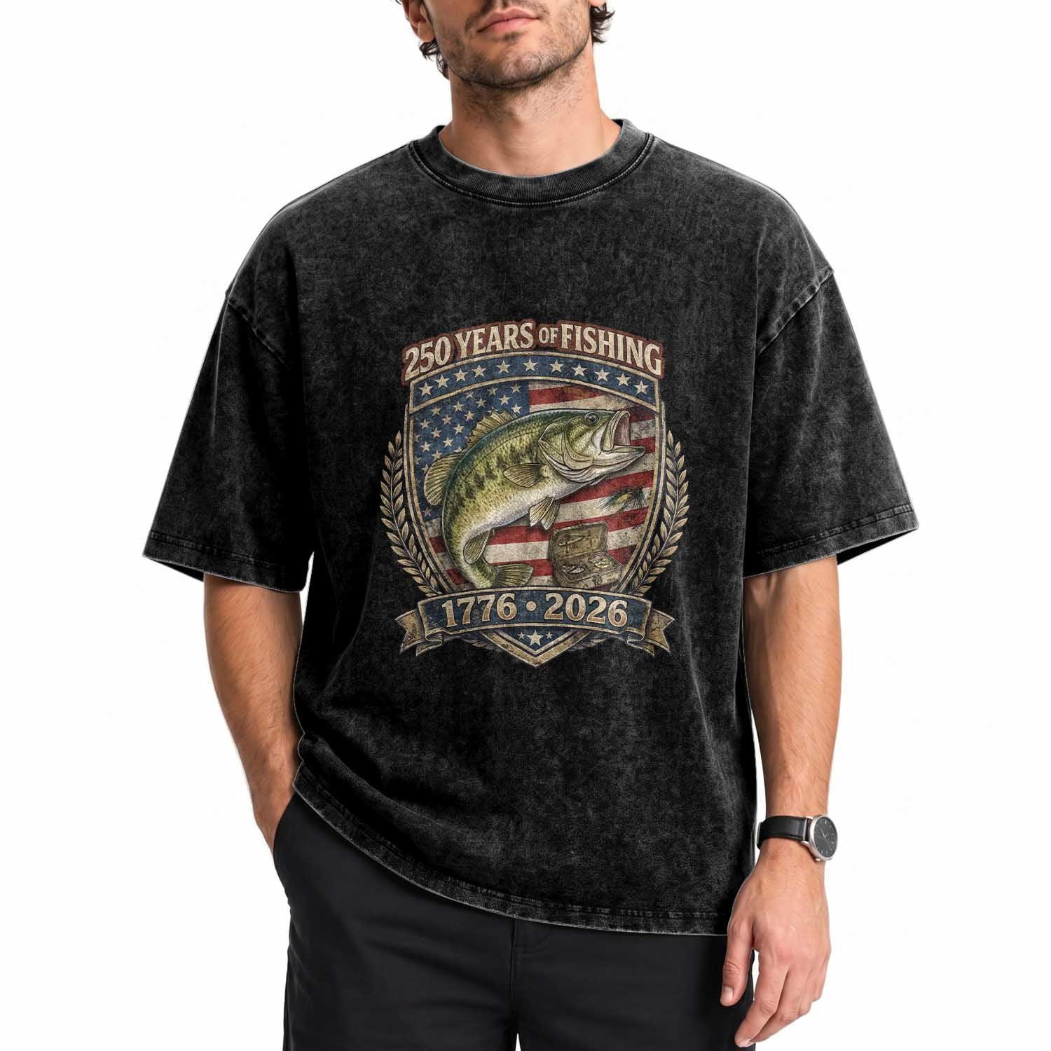 Vintage 250 Years Of Fishing Washed Cotton T-Shirt American Flag Fisherman