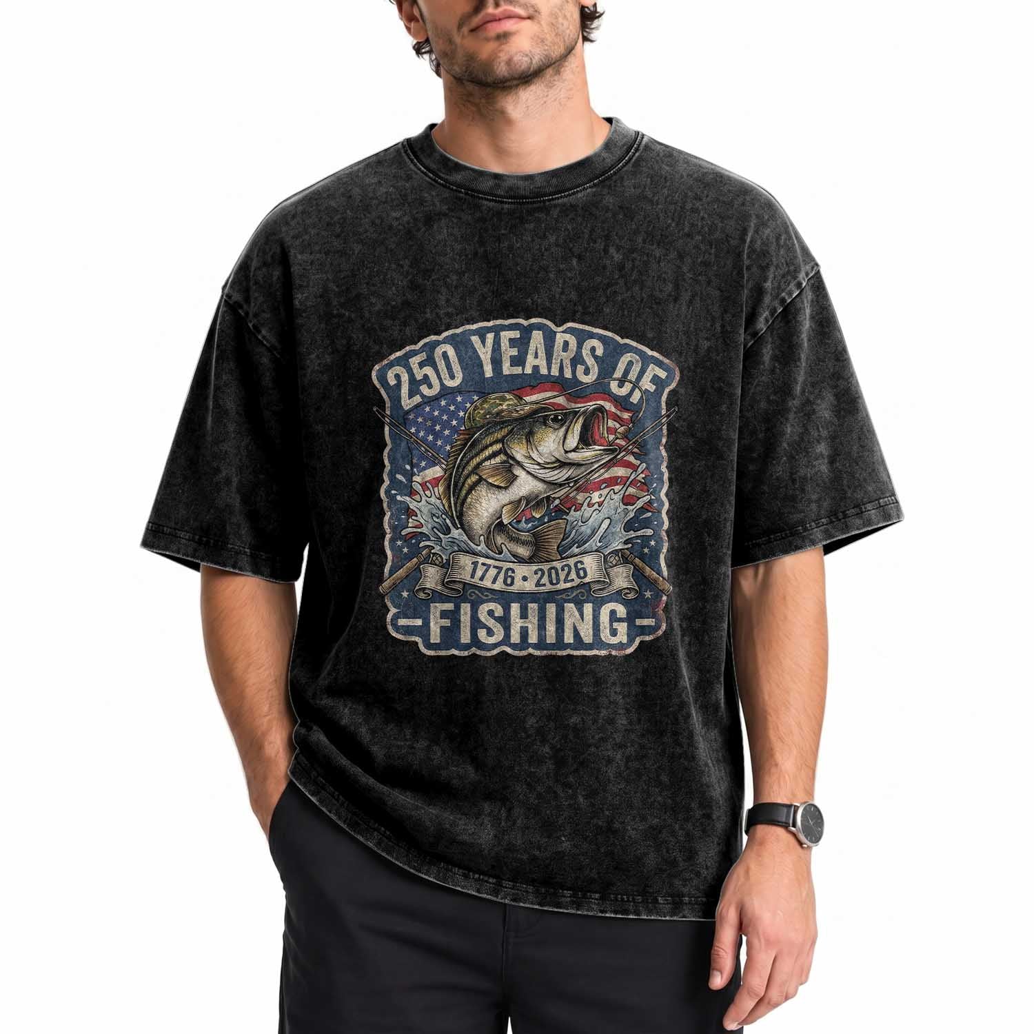 Vintage 250 Years Of Fishing Washed Cotton T-Shirt Patriotic Angler
