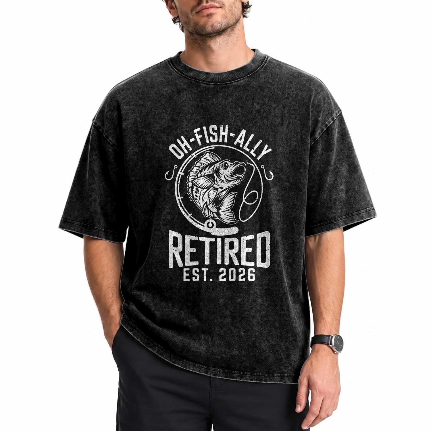 Officially Retired Est 2026 Fishing Washed Cotton T-Shirt Funny Fishing Retirement Gift