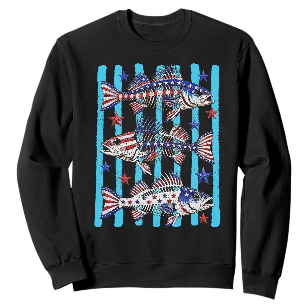 Patriotic Striped Bass Fishing Skeleton Sweatshirt USA Flag Angler Gift TS12 Black Print Your Wear