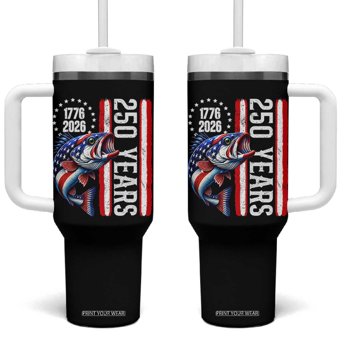 Vintage USA 250th Anniversary Bass Fishing Patriotic Gift Tumbler With Handle TS12 One Size: 40 oz Black Print Your Wear