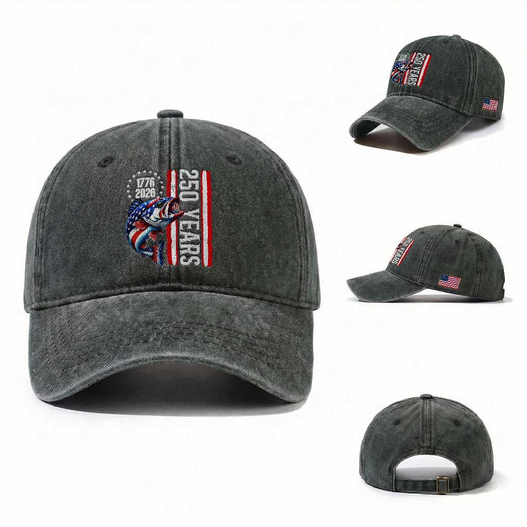 Vintage USA 250th Anniversary Bass Fishing Patriotic Gift Washed Cotton Baseball Cap TS12 Washed Cap Universal Fit Dark Green Print Your Wear