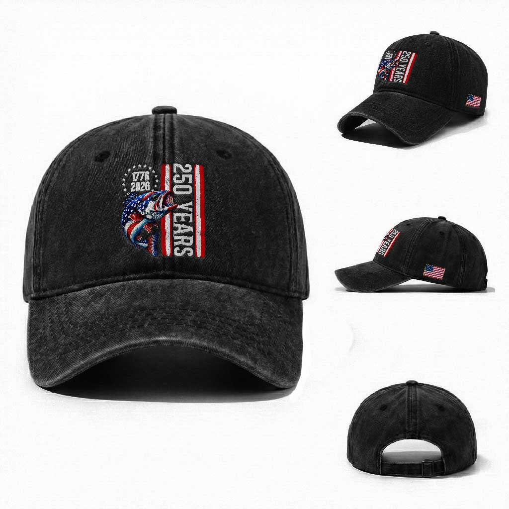 Vintage USA 250th Anniversary Bass Fishing Patriotic Gift Washed Cotton Baseball Cap TS12 Washed Cap Universal Fit Black Print Your Wear