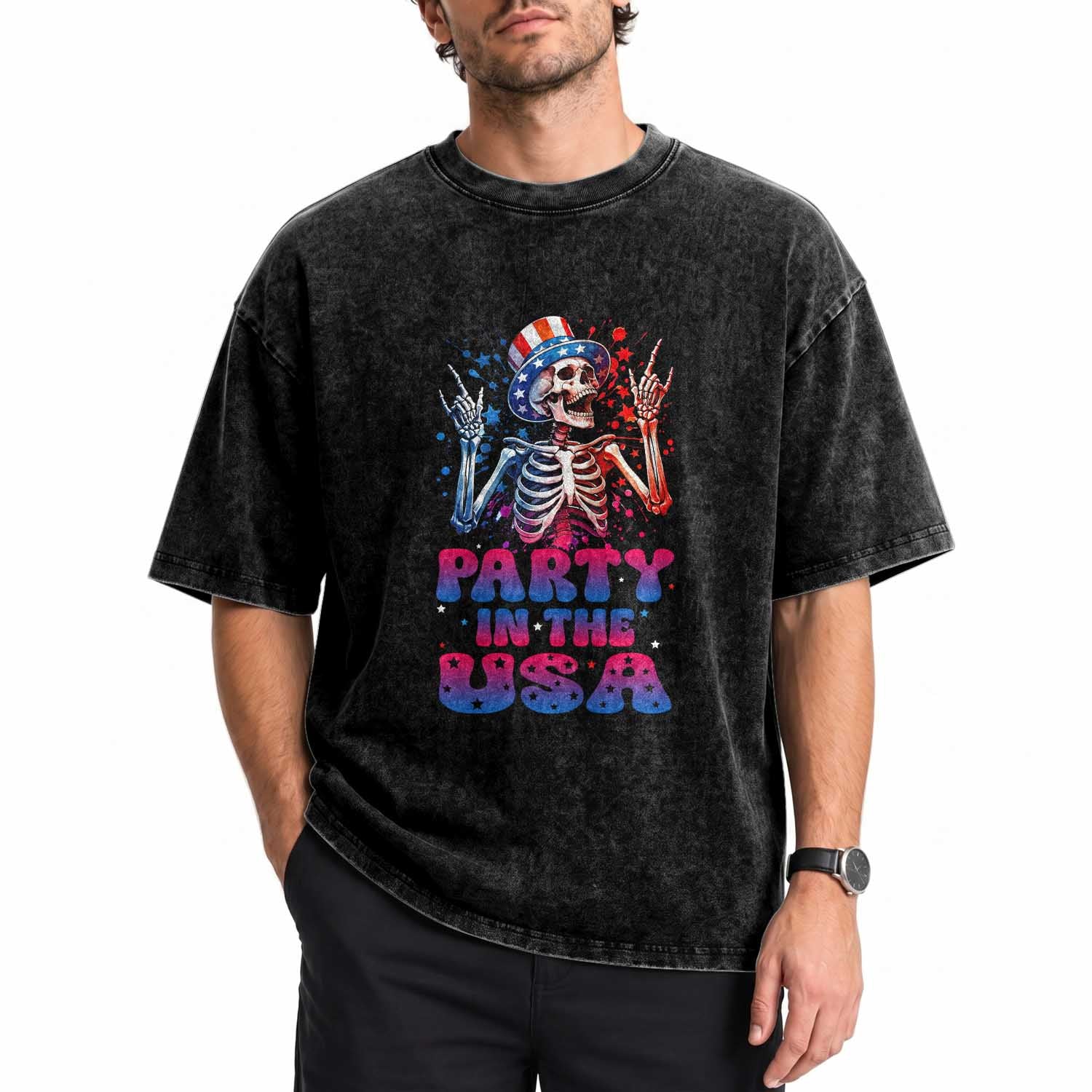 Funny Party In The USA Skeleton Rock Hand Washed Cotton T-Shirt 4th Of July Rocker Gift