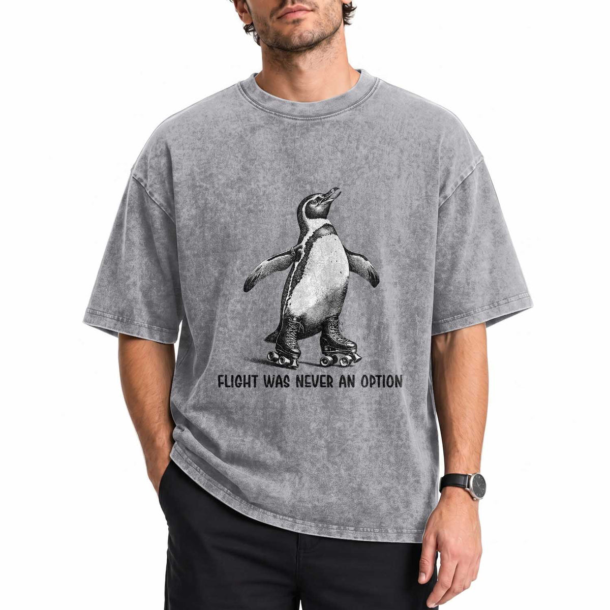 Flight Was Never An Option Washed Cotton T-Shirt Funny Penguin Roller Skates