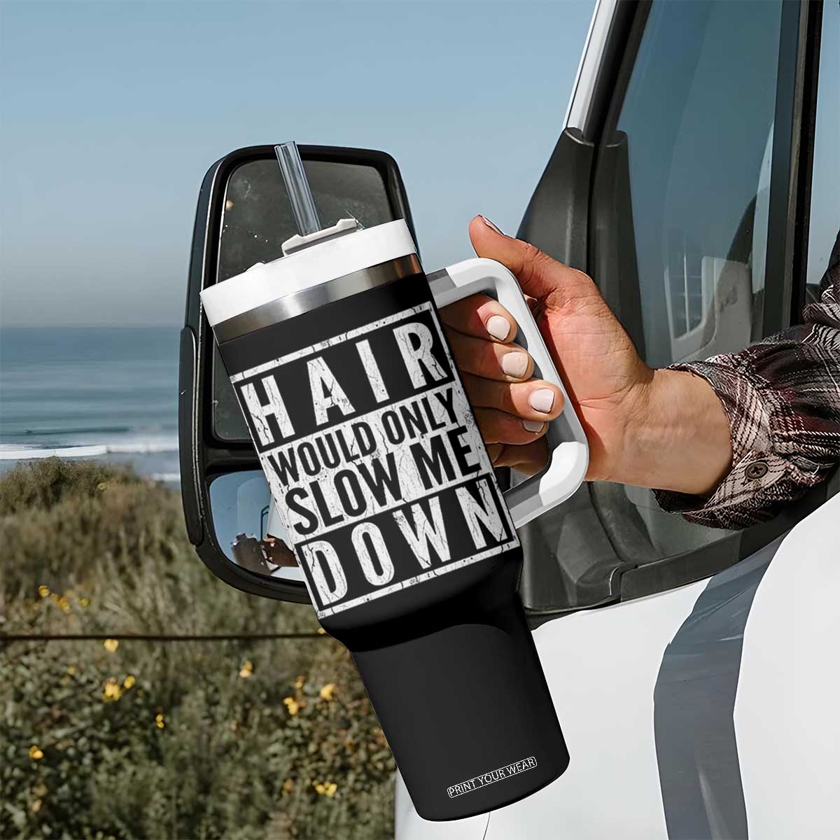 Funny Bald Men Gift Tumbler With Handle Hair Would Only Slow Me Down TS12 Print Your Wear