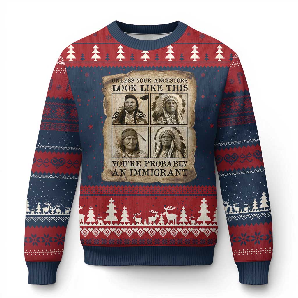 Indigenous Peoples Day Ugly Christmas Sweater Unless Your Ancestors Look Like This Youre Immigrant TS12 Navy Red Print Your Wear