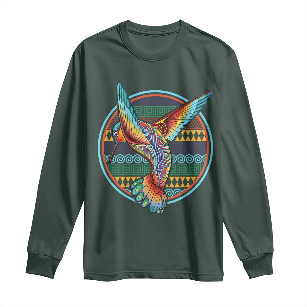 Colorful Geometric Tribal Hummingbird Long Sleeve Shirt Southwest Pattern Graphic TS12 Dark Forest Green Print Your Wear