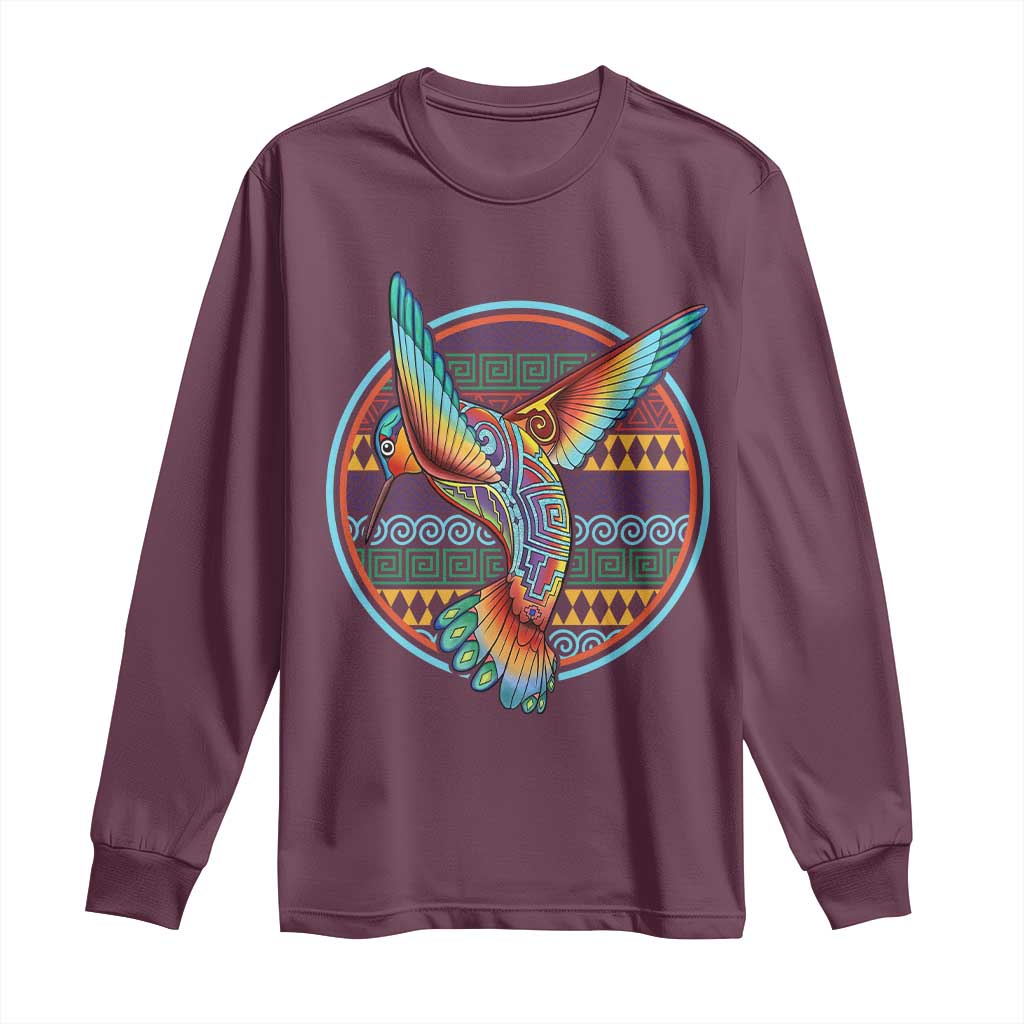 Colorful Geometric Tribal Hummingbird Long Sleeve Shirt Southwest Pattern Graphic TS12 Maroon Print Your Wear
