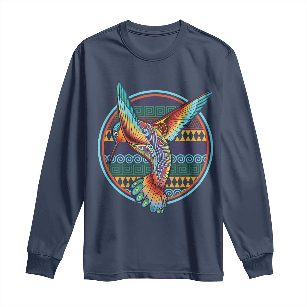 Colorful Geometric Tribal Hummingbird Long Sleeve Shirt Southwest Pattern Graphic TS12 Navy Print Your Wear