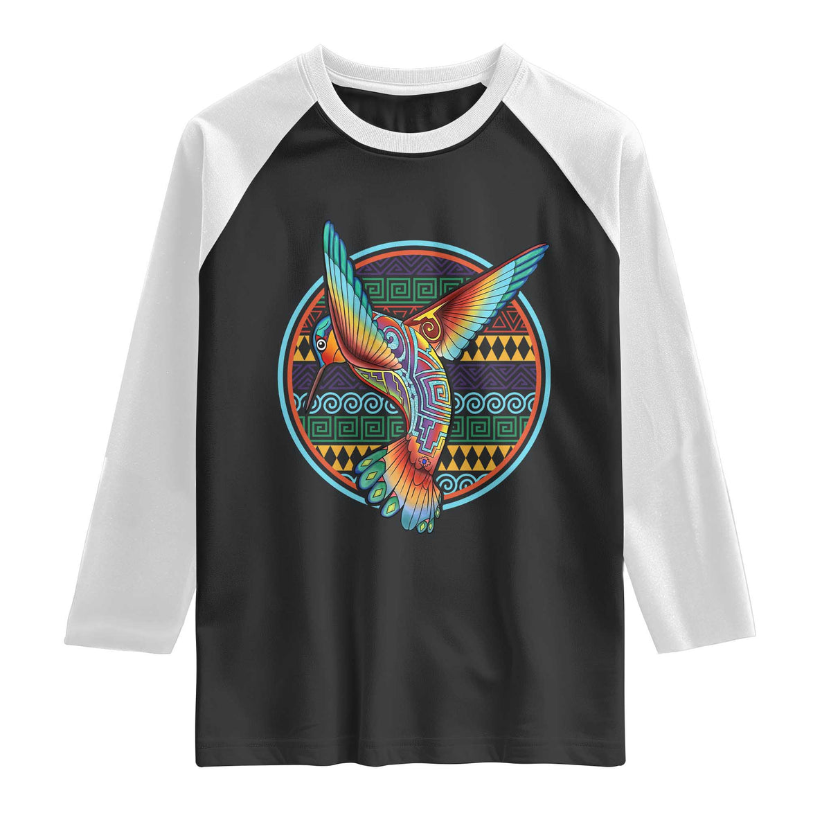 Colorful Geometric Tribal Hummingbird Raglan Shirt Southwest Pattern Graphic TS12 Black White Print Your Wear
