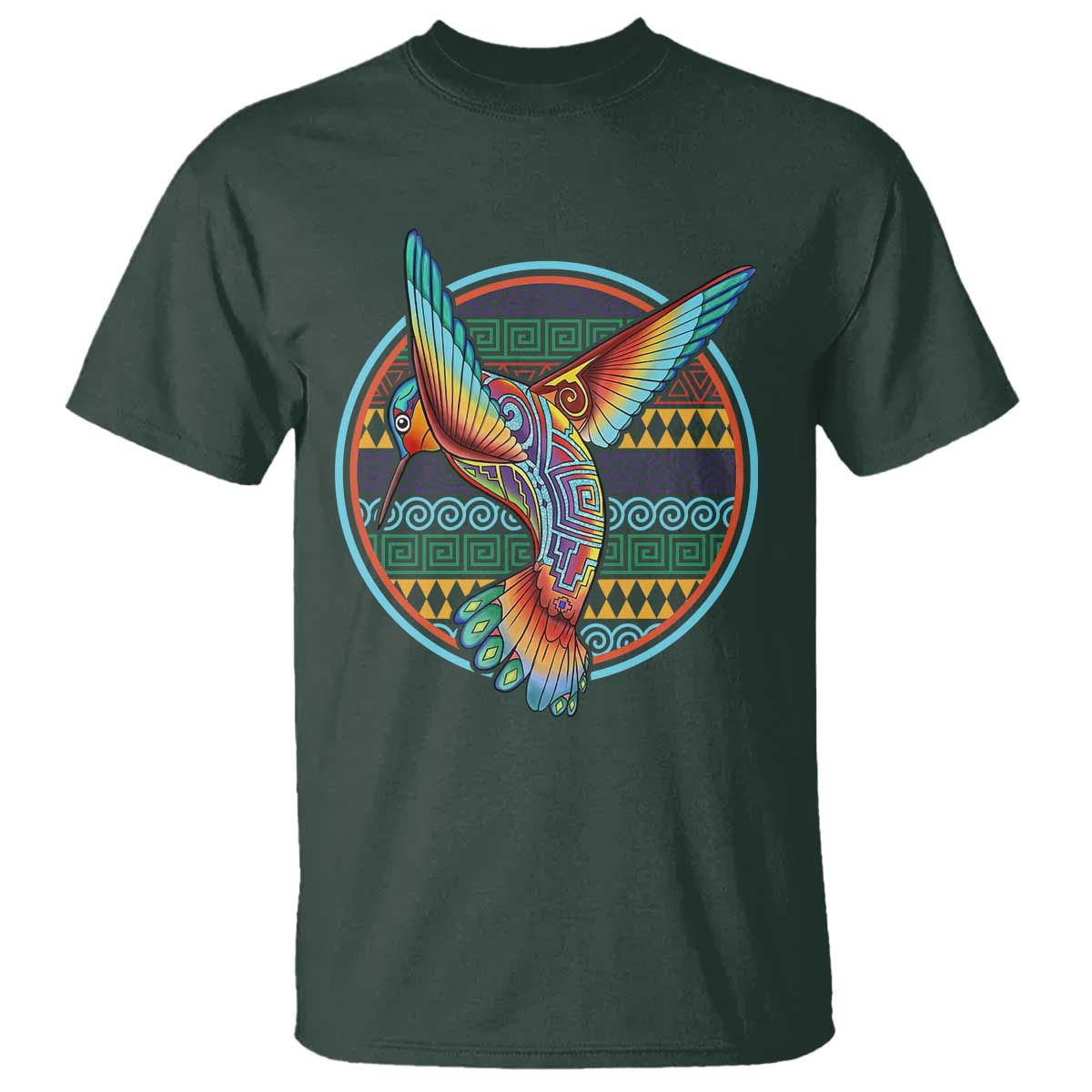 Colorful Geometric Tribal Hummingbird T Shirt Southwest Pattern Graphic TS12 Dark Forest Green Print Your Wear
