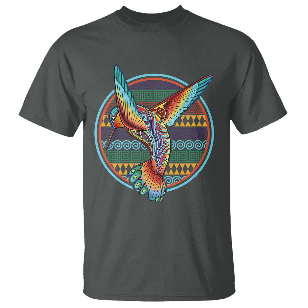 Colorful Geometric Tribal Hummingbird T Shirt Southwest Pattern Graphic TS12 Dark Heather Print Your Wear