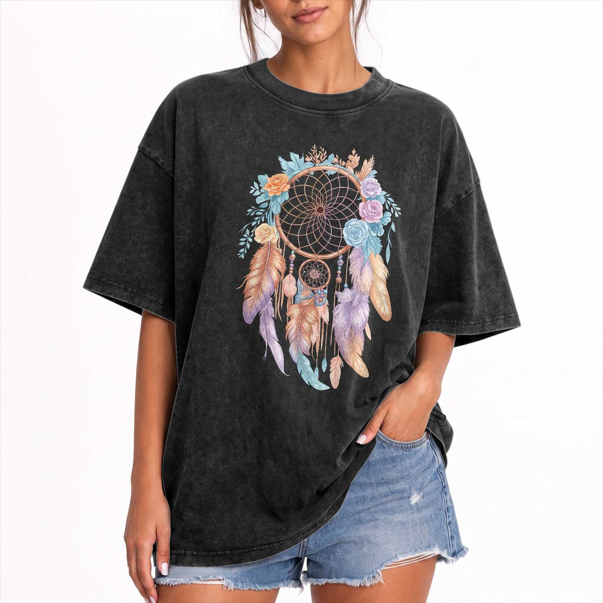 Dream Catcher Colorful Boho Floral Feather Graphic Washed Cotton T-Shirt