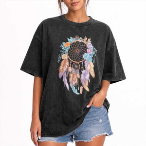 Dream Catcher Colorful Boho Floral Feather Graphic Washed Cotton T-Shirt