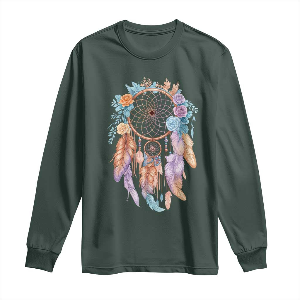 Dream Catcher Colorful Boho Floral Feather Graphic Long Sleeve Shirt TS12 Dark Forest Green Print Your Wear