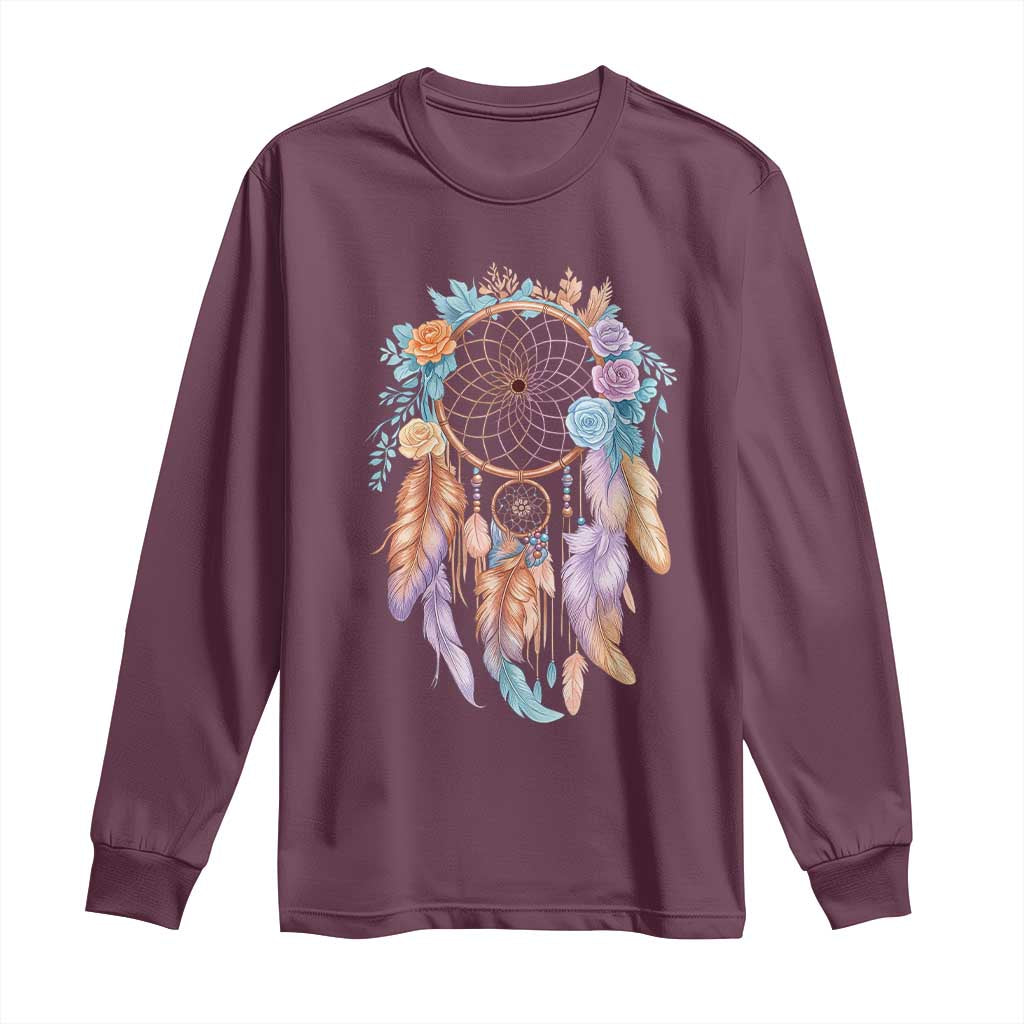 Dream Catcher Colorful Boho Floral Feather Graphic Long Sleeve Shirt TS12 Maroon Print Your Wear