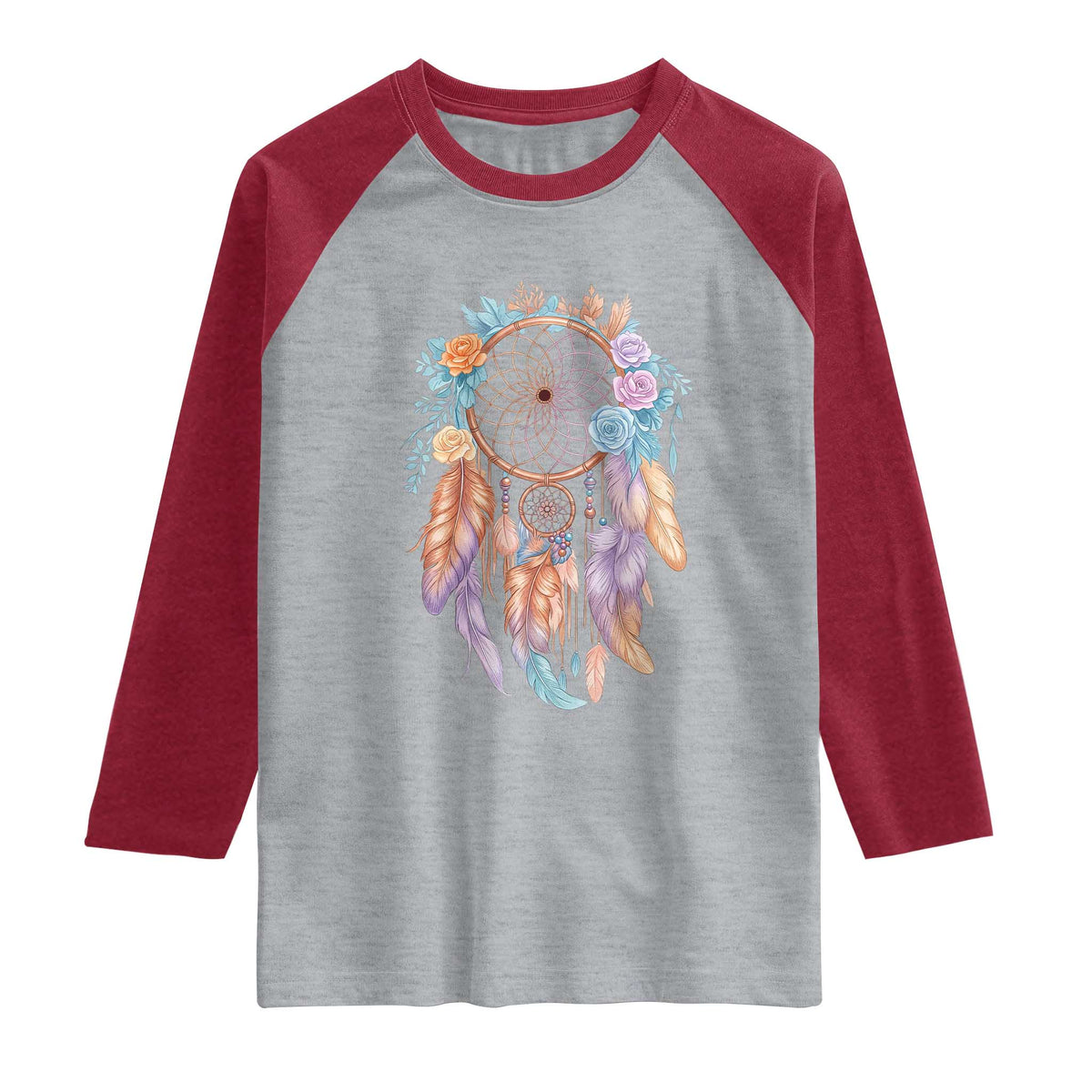 Dream Catcher Colorful Boho Floral Feather Graphic Raglan Shirt TS12 Heather Gray Heather Red Print Your Wear