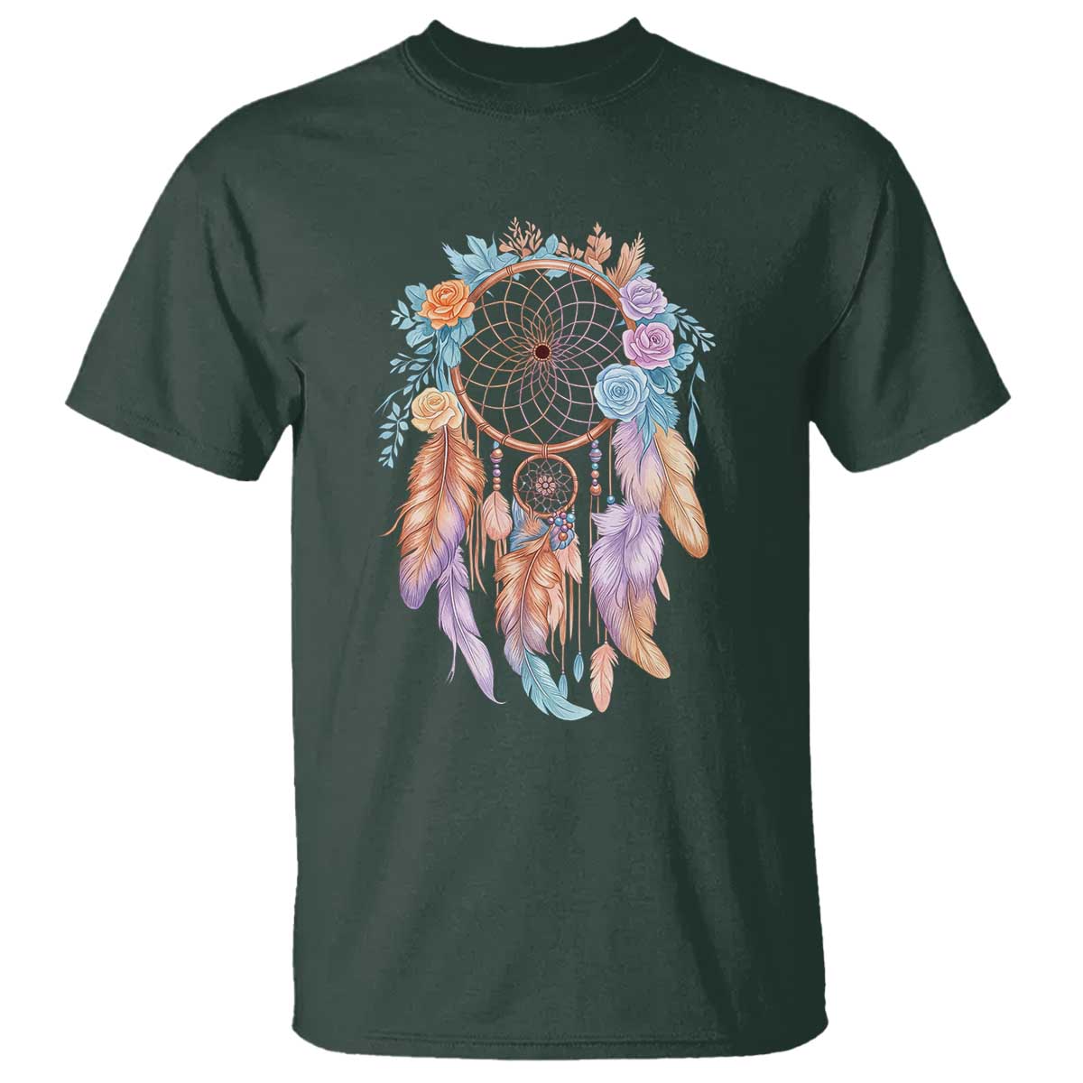 Dream Catcher Colorful Boho Floral Feather Graphic T Shirt TS12 Dark Forest Green Print Your Wear