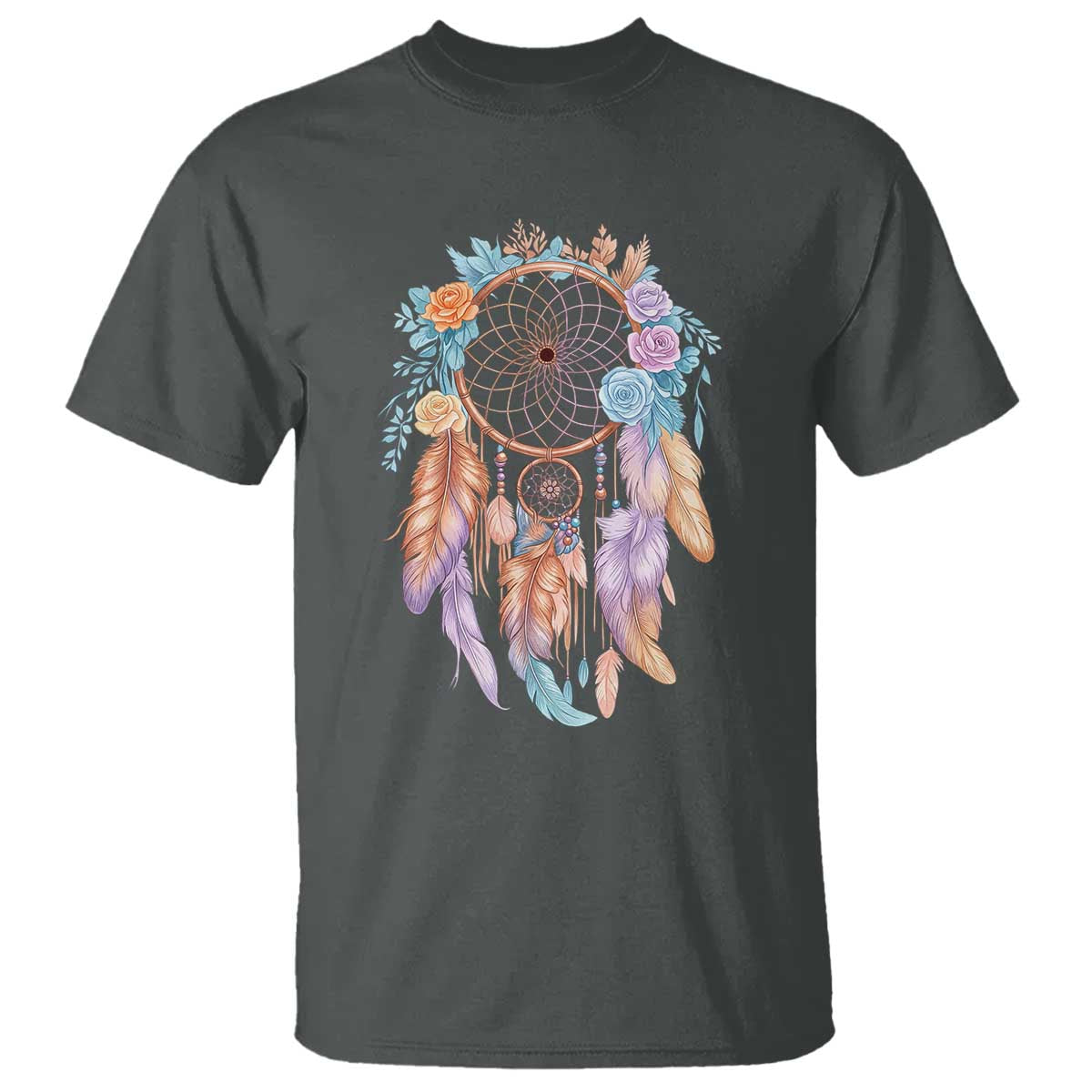 Dream Catcher Colorful Boho Floral Feather Graphic T Shirt TS12 Dark Heather Print Your Wear
