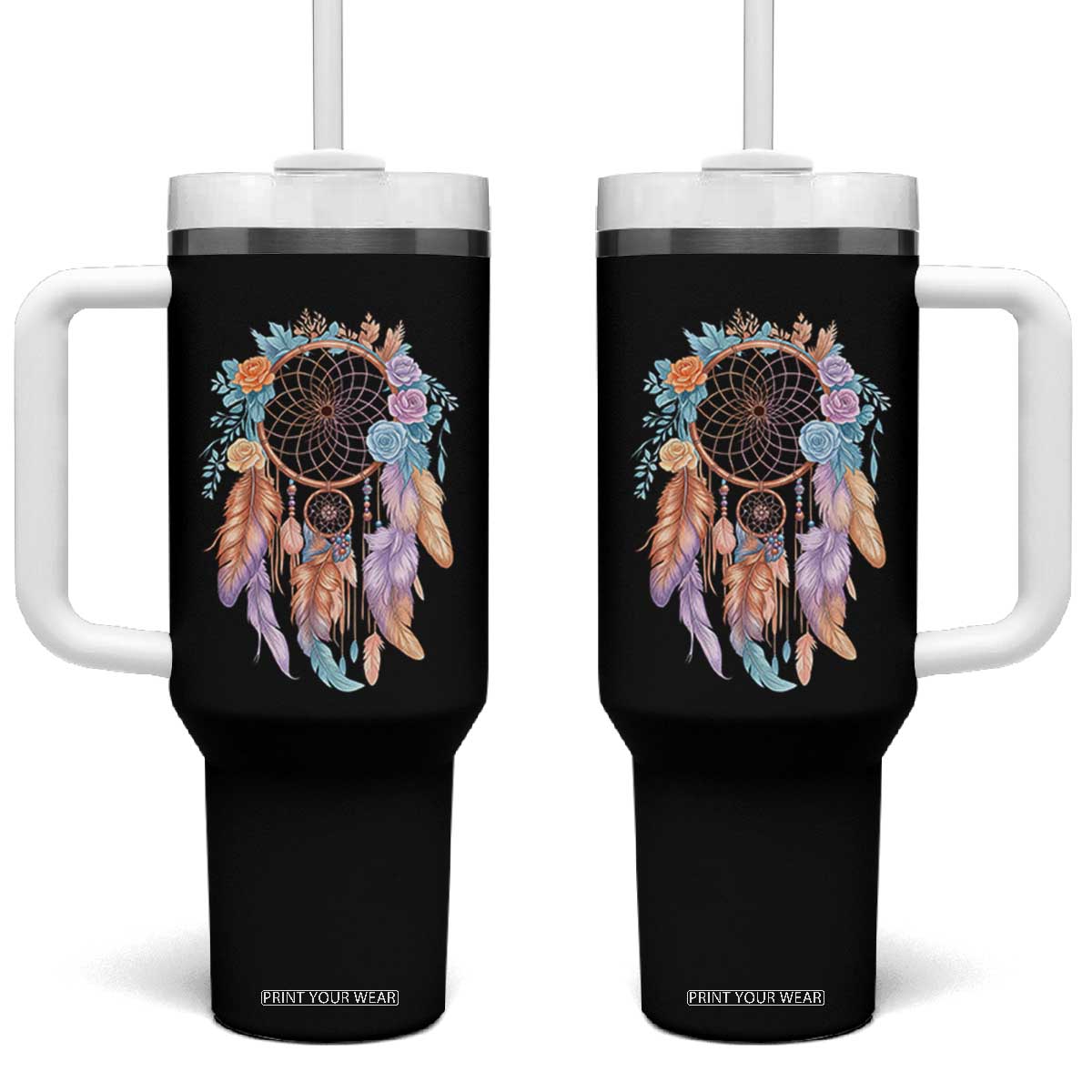 Dream Catcher Colorful Boho Floral Feather Graphic Tumbler With Handle TS12 One Size: 40 oz Black Print Your Wear