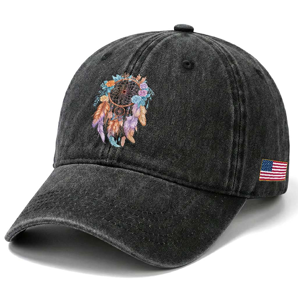 Dream Catcher Colorful Boho Floral Feather Graphic Washed Cotton Baseball Cap TS12 Print Your Wear