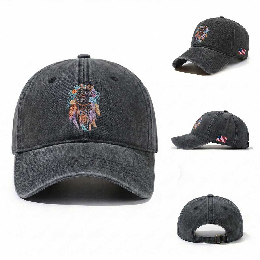 Dream Catcher Colorful Boho Floral Feather Graphic Washed Cotton Baseball Cap TS12 Washed Cap Universal Fit Dark Gray Print Your Wear