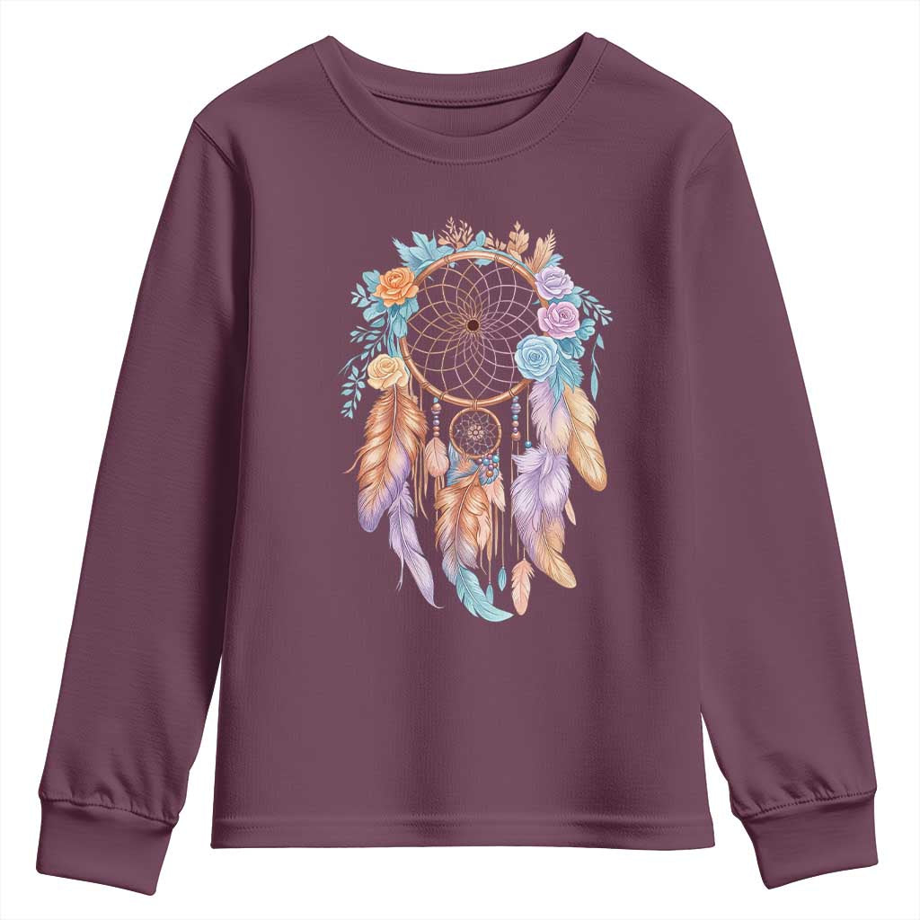 Dream Catcher Colorful Boho Floral Feather Graphic Youth Sweatshirt TS12 Maroon Print Your Wear
