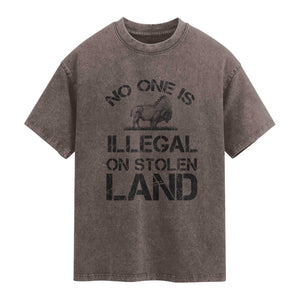 Native American Buffalo Graphic Washed Cotton T-Shirt No One Is Illegal On Stolen Land
