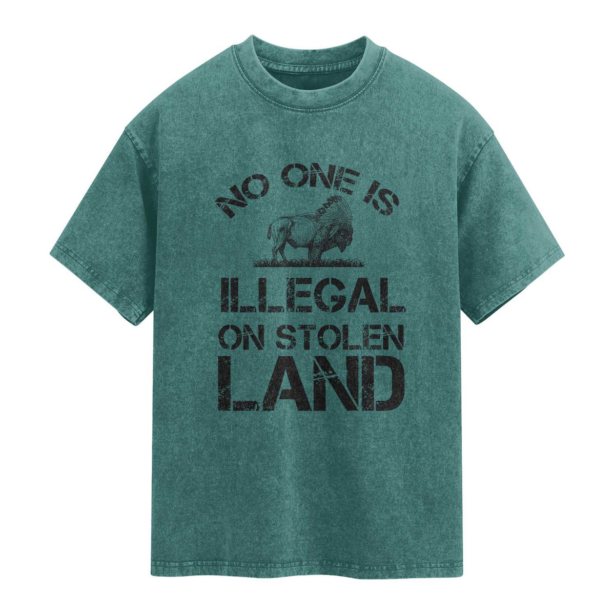 Native American Buffalo Graphic Washed Cotton T-Shirt No One Is Illegal On Stolen Land