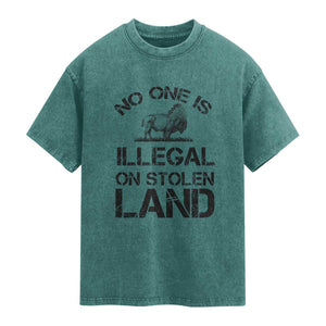 Native American Buffalo Graphic Washed Cotton T-Shirt No One Is Illegal On Stolen Land