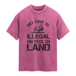 Native American Buffalo Graphic Washed Cotton T-Shirt No One Is Illegal On Stolen Land