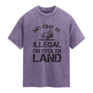 Native American Buffalo Graphic Washed Cotton T-Shirt No One Is Illegal On Stolen Land