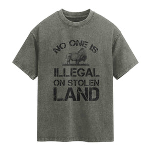 Native American Buffalo Graphic Washed Cotton T-Shirt No One Is Illegal On Stolen Land