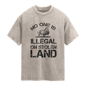 Native American Buffalo Graphic Washed Cotton T-Shirt No One Is Illegal On Stolen Land