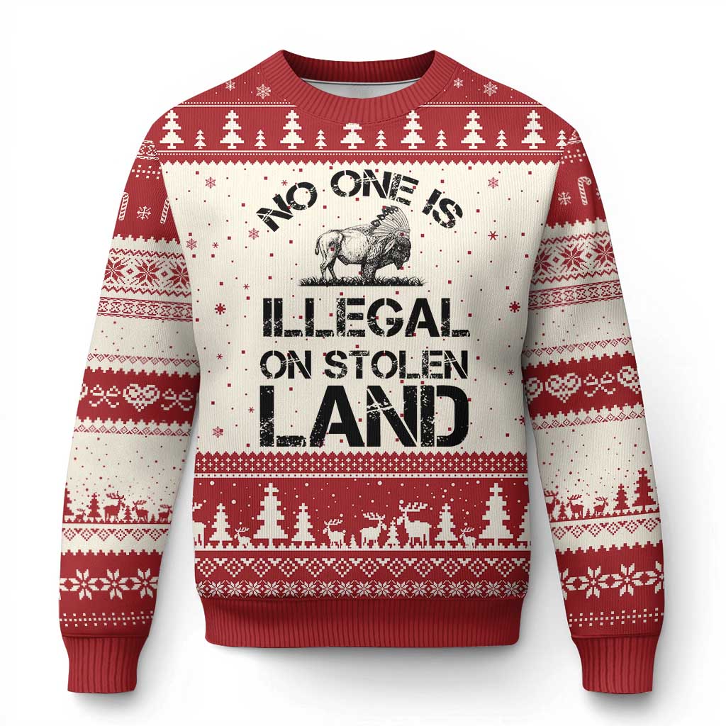Native American Buffalo Graphic Ugly Christmas Sweater No One Is Illegal On Stolen Land TS12 Beige Red Print Your Wear
