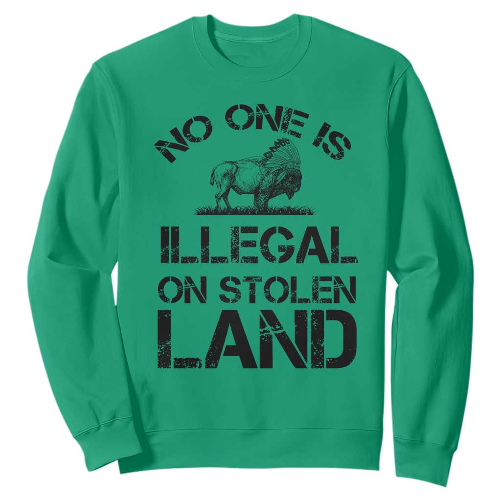 Native American Buffalo Graphic Sweatshirt No One Is Illegal On Stolen Land TS12 Irish Green Print Your Wear