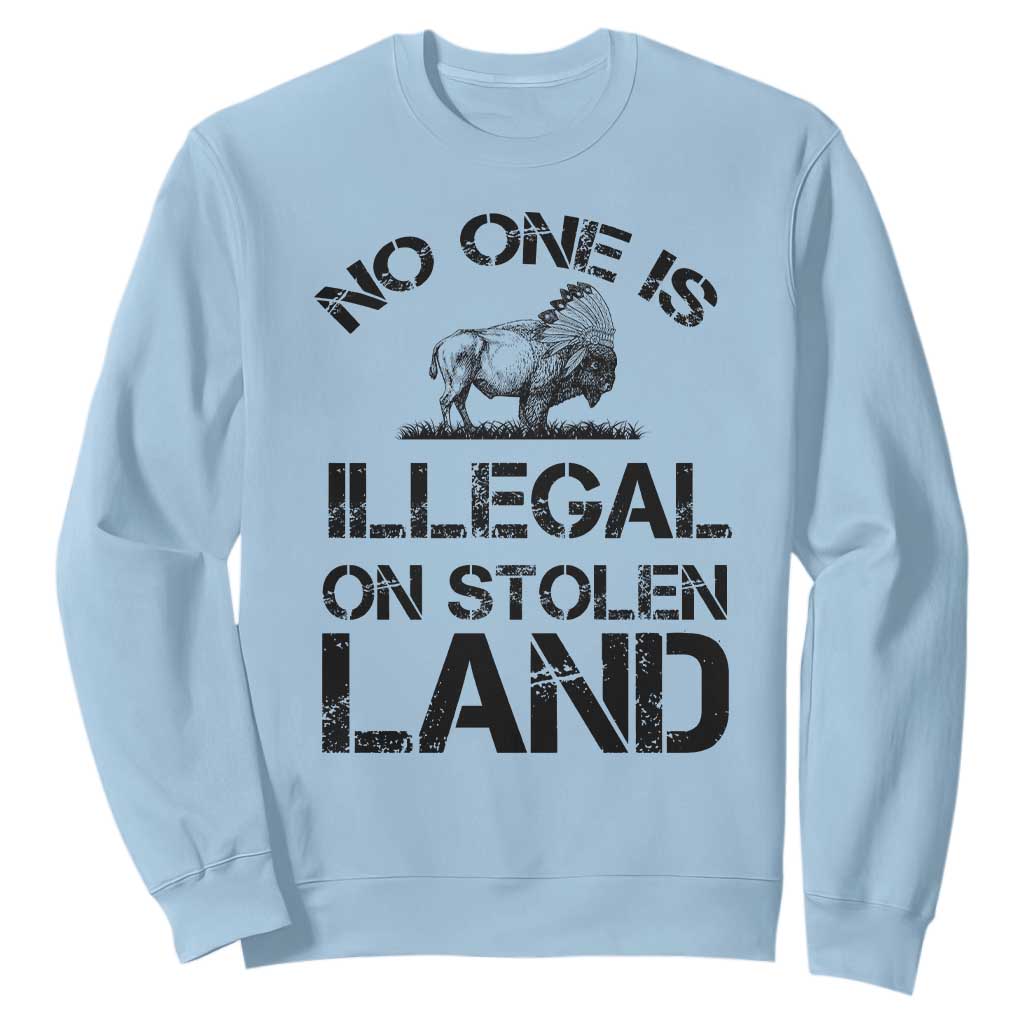 Native American Buffalo Graphic Sweatshirt No One Is Illegal On Stolen Land TS12 Light Blue Print Your Wear