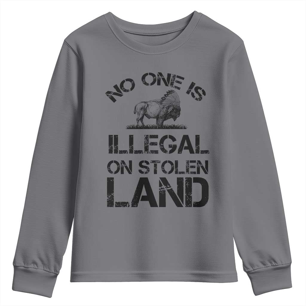 Native American Buffalo Graphic Youth Sweatshirt No One Is Illegal On Stolen Land TS12 Charcoal Print Your Wear