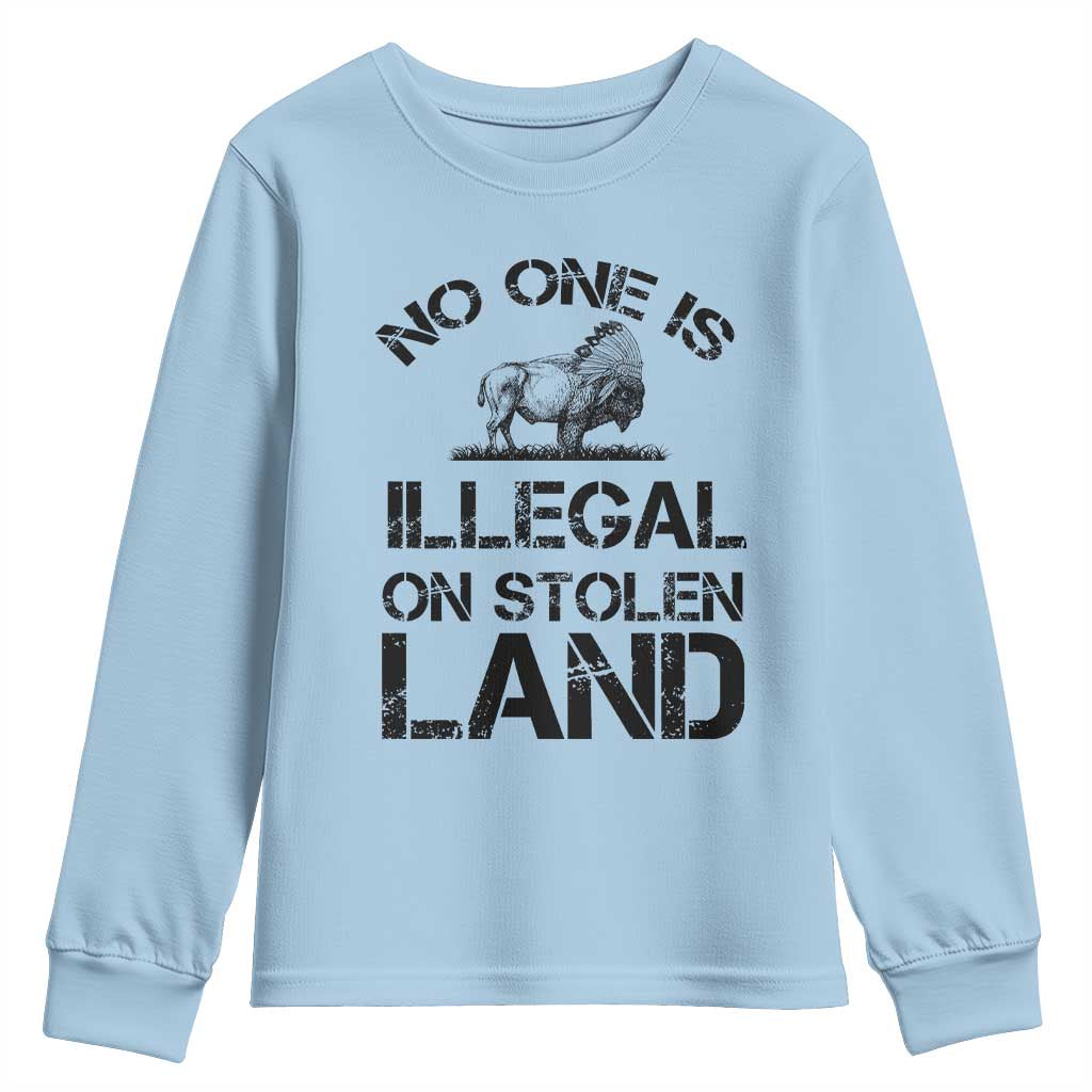 Native American Buffalo Graphic Youth Sweatshirt No One Is Illegal On Stolen Land TS12 Light Blue Print Your Wear