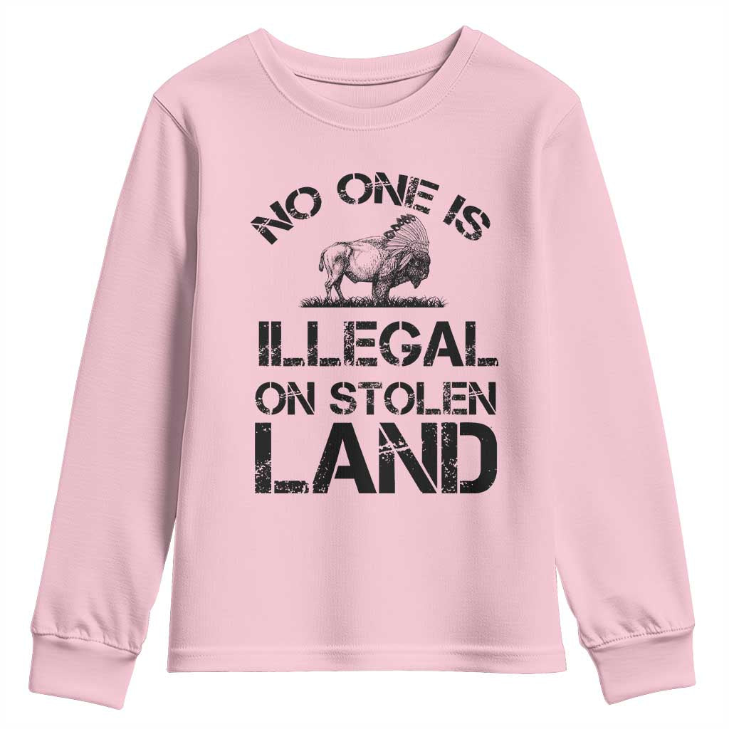 Native American Buffalo Graphic Youth Sweatshirt No One Is Illegal On Stolen Land TS12 Light Pink Print Your Wear