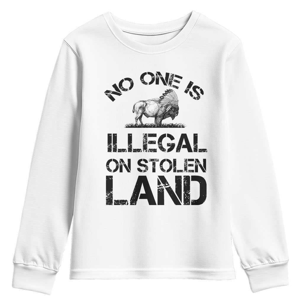 Native American Buffalo Graphic Youth Sweatshirt No One Is Illegal On Stolen Land TS12 White Print Your Wear