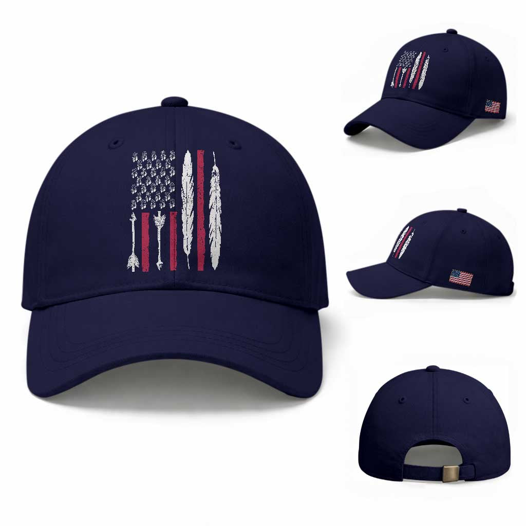 Vintage Native American Flag Baseball Cap Dreamcatcher And Feather Graphic TS12 Baseball Cap Universal Fit Dark Blue Print Your Wear