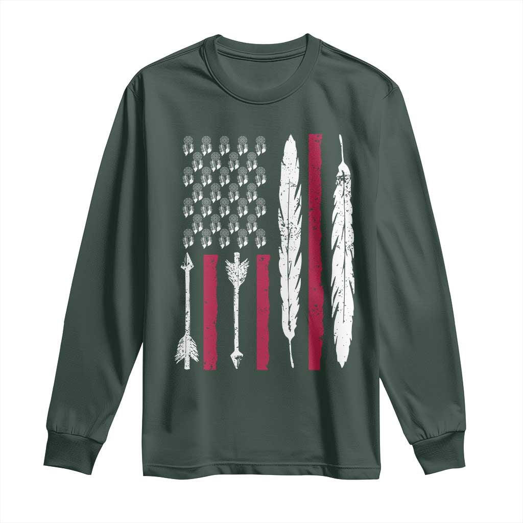 Vintage Native American Flag Long Sleeve Shirt Dreamcatcher And Feather Graphic TS12 Dark Forest Green Print Your Wear